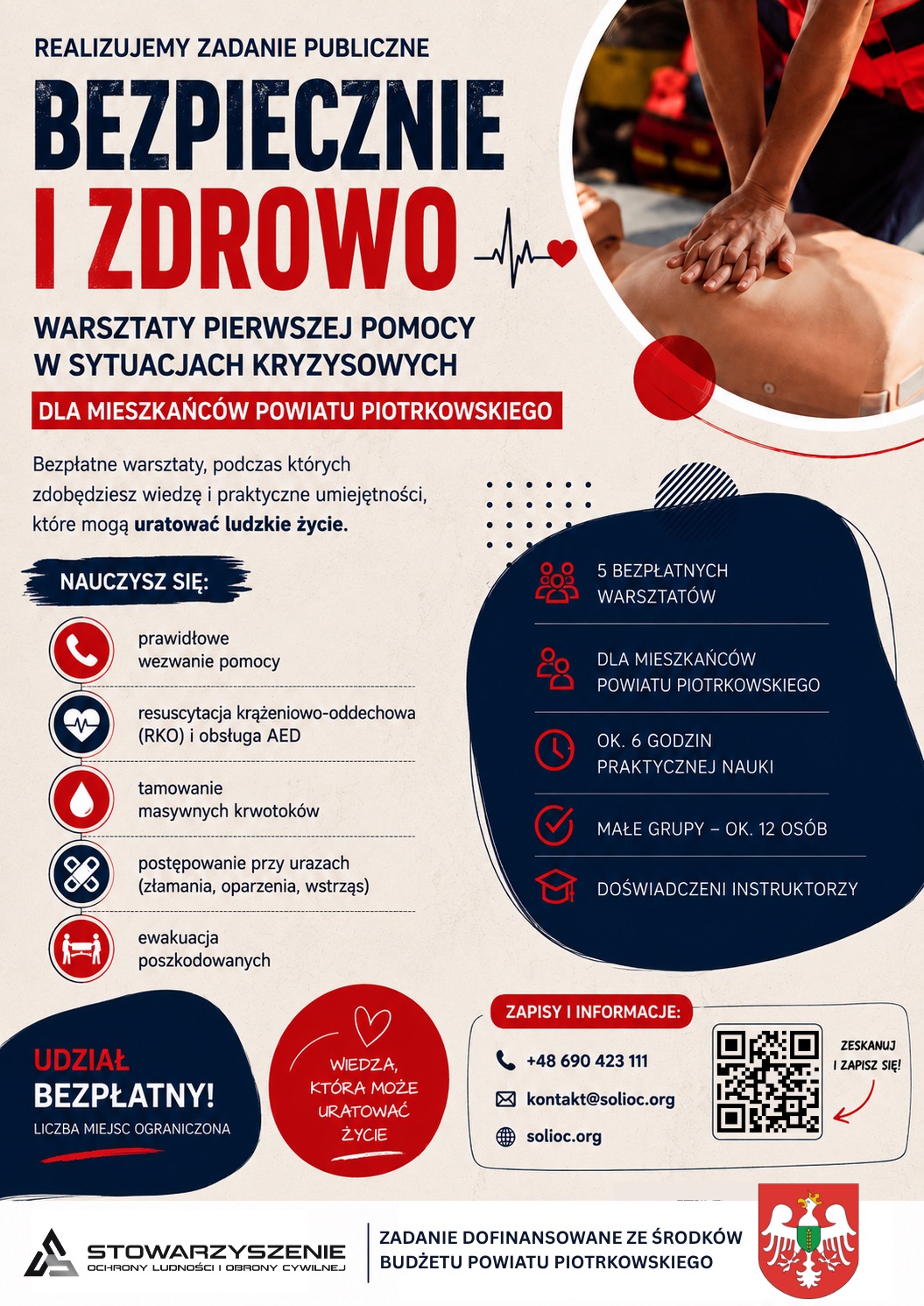 Plakat — „Bezpiecznie i Zdrowo” — warsztaty pierwszej pomocy w sytuacjach kryzysowych dla mieszkańców powiatu piotrkowskiego